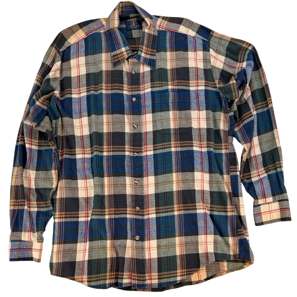 Salmon River Traders Plaid Flannel Shirt XLT Blue Brown Vintage Workwear